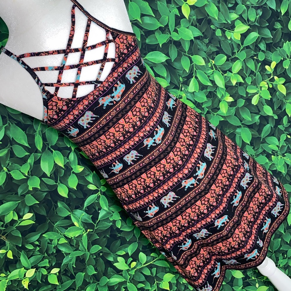 Boho Elephant Patterned Dress W/ Back Crisscross … - image 4